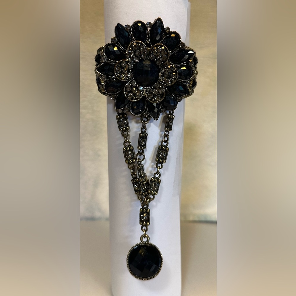 Elegant Black Floral Rhinestone Bracelet / attached Ring.
